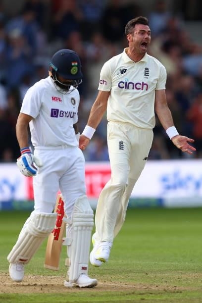 James Anderson of England celebrates taking the wicket of Virat Kohli of India on day one of the Third Test Match between England and India at...