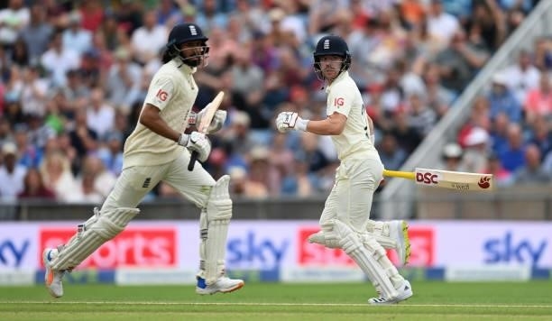 Haseeb Hameed and Rory Burns of England run between the wickets during day one of the Third LV= Insurance Test Match between England and India at...