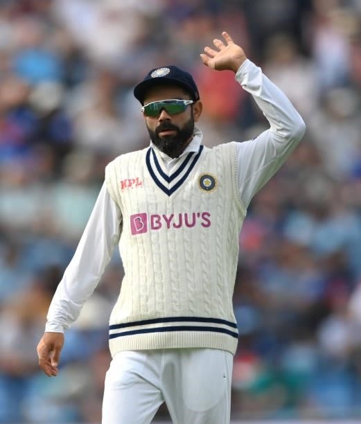 India captain Virat Kohli reacts during day one of the Third Test Match between England and India at Emerald Headingley Stadium on August 25, 2021 in...