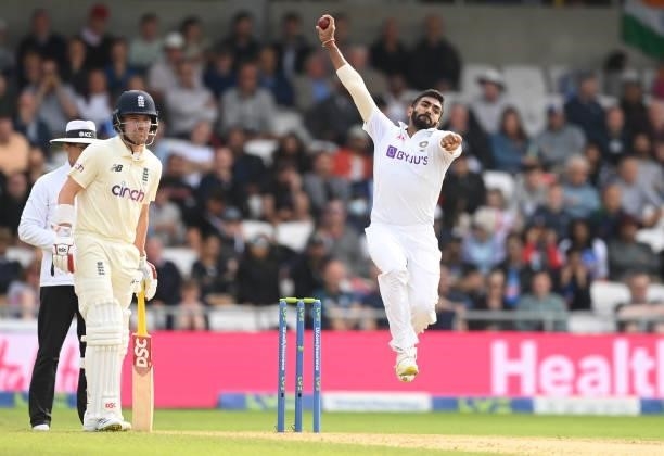 Jasprit Bumrah of India bowls past Rory Burns of England during the 3rd LV= Test Match between England and India at Emerald Headingley Stadium on...