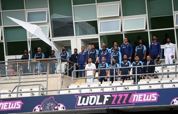 Indian management and backroom staff stand for the national anthems ahead of day one of the Third LV= Insurance Test Match between England and India...