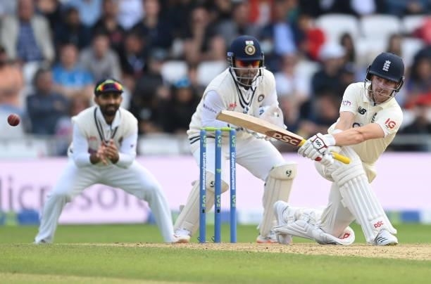 Rory Burns of England hits a four during the 3rd LV= Test Match between England and India at Emerald Headingley Stadium on August 25, 2021 in Leeds,...