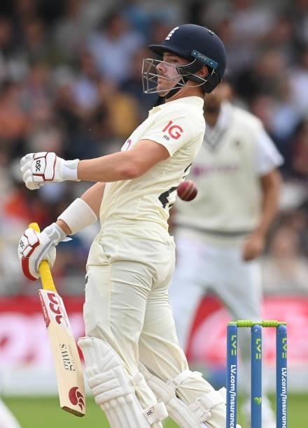 Rory Burns of England deals with a bouncer during the 3rd LV= Test Match between England and India at Emerald Headingley Stadium on August 25, 2021...
