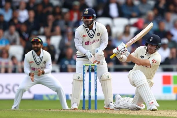 RishRavindra Jadeja during day one of the Third Test Match between England and India at Emerald Headingley Stadium on August 25, 2021 in Leeds,...