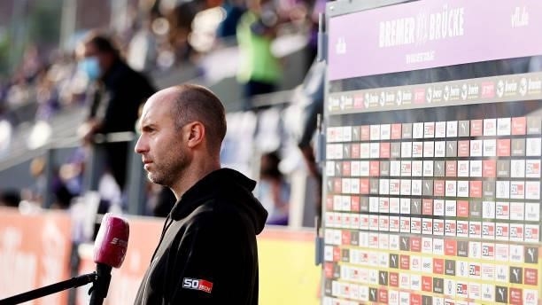 Head coach Daniel Scherning of Osnabrueck speaks to the television prior to the 3. Liga match between VfL Osnabrück and Borussia Dortmund II at...