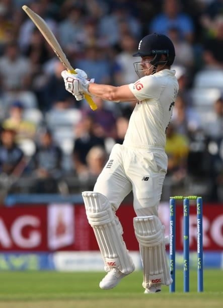 England batsman Rory Burns hits out day one of the Third Test Match between England and India at Emerald Headingley Stadium on August 25, 2021 in...