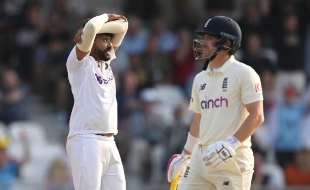 Mohammed Siraj of India reacts after Rory Burns of England hit him for a six during the 3rd LV= Test Match between England and India at Emerald...