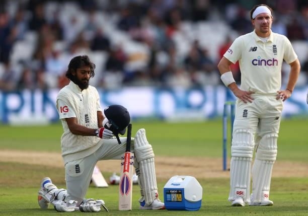 Haseeb Hameed and Rory Burns of England during a drinks break on day one of the Third Test Match between England and India at Emerald Headingley...