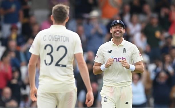 Craig Overton and James Anderson of England celebrate after the dismissal of Mohammed Siraj during the 3rd LV= Test Match between England and India...