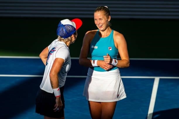 Shelby Rogers of USA and Bethanie Mattek-Sands of USA laugh after their match against Julia Lohoff of Germany and Renata Voráová of Czechia on day 3...
