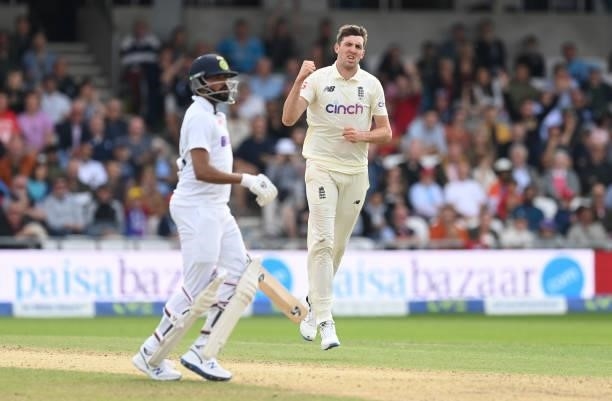 Craig Overton of England celebrates after the dismissal of Mohammed Siraj of India during the 3rd LV= Test Match between England and India at Emerald...