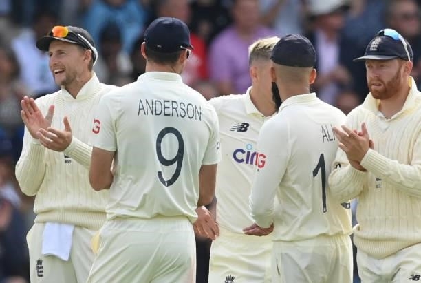Joe Root of England claps after the dismissal of Jasprit Bumrah of India during the 3rd LV= Test Match between England and India at Emerald...