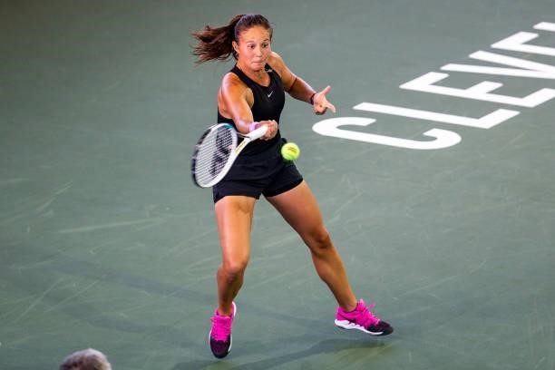 Daria Kasatkina of Russia returns a serve during the second set of her match against Catherine McNally of USA on day 3 of the Cleveland Championships...