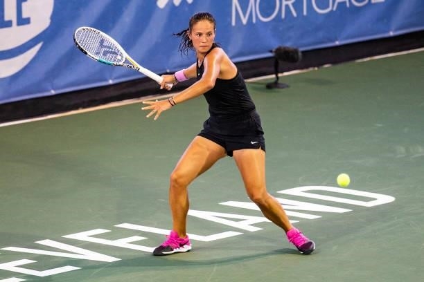 Daria Kasatkina of Russia winds up for a swing during the second set of her match against Catherine McNally of USA on day 3 of the Cleveland...