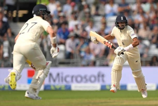 England batsmen Rory Burns and Haseeb Hameed pick up some runs during their opening partnership during day one of the Third Test Match between...