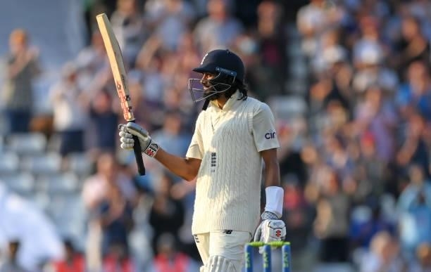 England batsman Haseeb Hameed reaches his 50 during day one of the Third Test Match between England and India at Emerald Headingley Stadium on August...