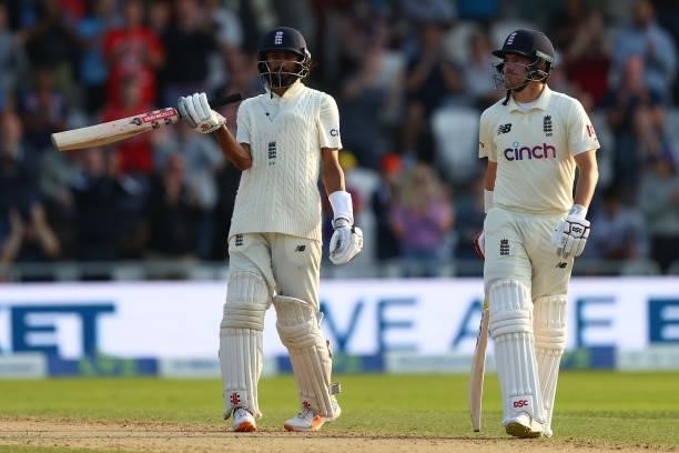 Haseeb Hameed of England reaches his fifty alongside Rory Burns during day one of the Third Test Match between England and India at Emerald...