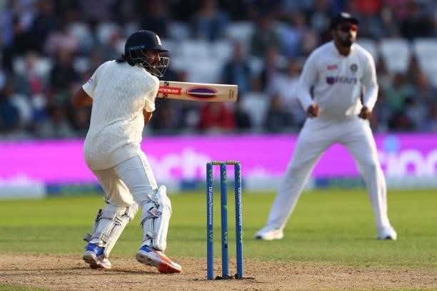 Haseeb Hameed of England plays a late cut shot during day one of the Third Test Match between England and India at Emerald Headingley Stadium on...