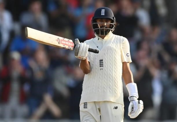 Haseeb Hameed of England reaches his half century during the 3rd LV= Test Match between England and India at Emerald Headingley Stadium on August 25,...