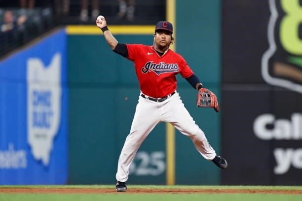 Jose Ramirez of the Cleveland Indians plays against the Texas Rangers during the fifth inning at Progressive Field on August 24, 2021 in Cleveland,...