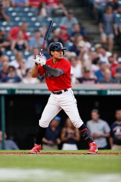 Yu Chang of the Cleveland Indians bats against the Texas Rangers during the first inning at Progressive Field on August 24, 2021 in Cleveland, Ohio.
