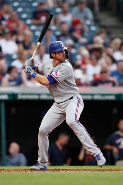 Peters of the Texas Rangers bats against the Cleveland Indians during the third inning at Progressive Field on August 24, 2021 in Cleveland, Ohio.