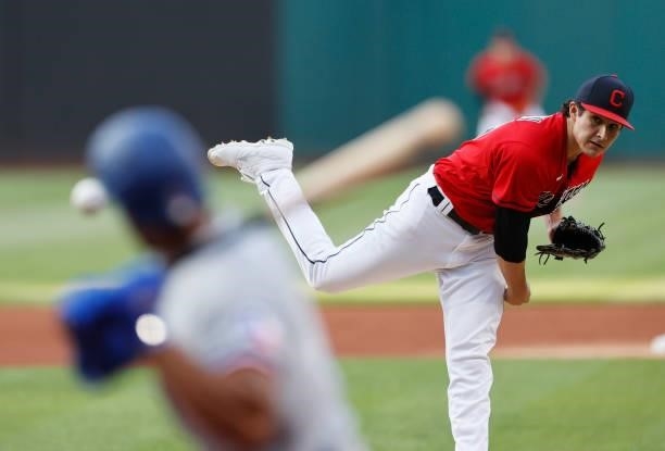 Eli Morgan of the Cleveland Indians pitches against the Texas Rangers during the first inning at Progressive Field on August 24, 2021 in Cleveland,...