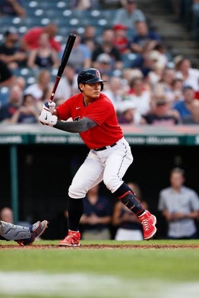 Yu Chang of the Cleveland Indians bats against the Texas Rangers during the first inning at Progressive Field on August 24, 2021 in Cleveland, Ohio.