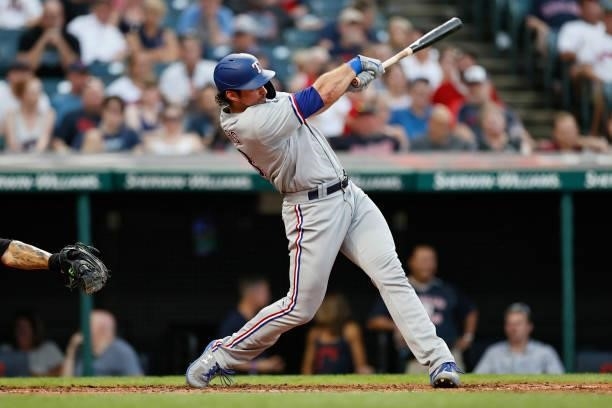 Peters of the Texas Rangers bats against the Cleveland Indians during the third inning at Progressive Field on August 24, 2021 in Cleveland, Ohio.