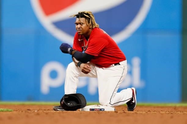 Jose Ramirez of the Cleveland Indians waits on second base during a pitching change in the sixth inning at Progressive Field on August 24, 2021 in...