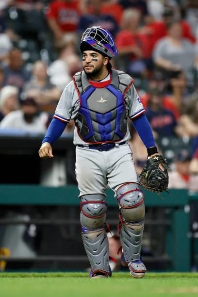Jose Trevino of the Texas Rangers plays against the Cleveland Indians during the seventh inning at Progressive Field on August 24, 2021 in Cleveland,...