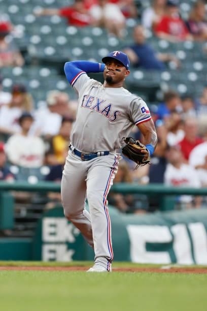 Andy Ibáñez of the Texas Rangers plays against the Cleveland Indians during the first inning at Progressive Field on August 24, 2021 in Cleveland,...