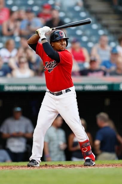 Jose Ramirez of the Cleveland Indians bats against the the Texas Rangers at Progressive Field on August 24, 2021 in Cleveland, Ohio.