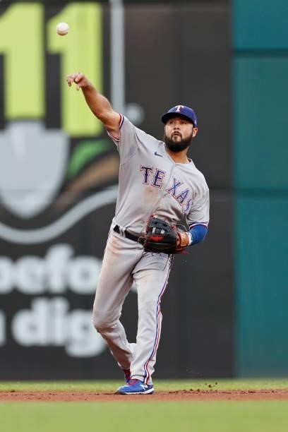 Isiah Kiner-Falefa of the Texas Rangers plays against the Cleveland Indians during the first inning at Progressive Field on August 24, 2021 in...