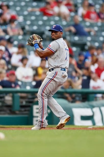 Andy Ibáñez of the Texas Rangers plays against the Cleveland Indians during the first inning at Progressive Field on August 24, 2021 in Cleveland,...