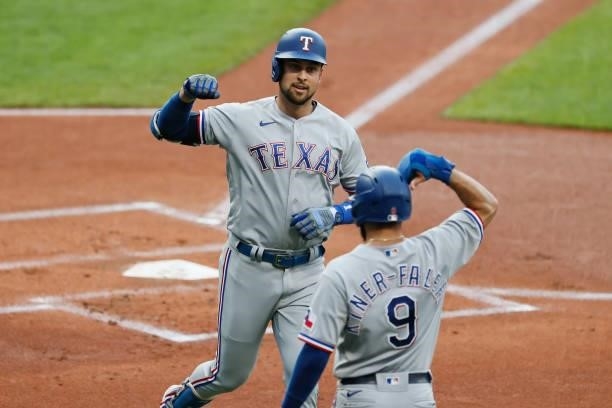Nathaniel Lowe of the Texas Rangers celebrates with Isiah Kiner-Falefa after hitting a three run home run off Eli Morgan of the Cleveland Indians...