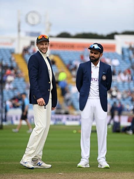 England captain Joe Root and India captain Virat Kohli wait for the toss ahead of day one of the Third LV= Insurance Test Match between England and...