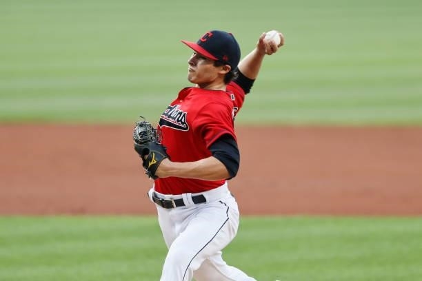 Eli Morgan of the Cleveland Indians pitches against the Texas Rangers during the first inning at Progressive Field on August 24, 2021 in Cleveland,...