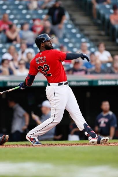 Franmil Reyes of the Cleveland Indians bats against the Texas Rangers during the first inning at Progressive Field on August 24, 2021 in Cleveland,...