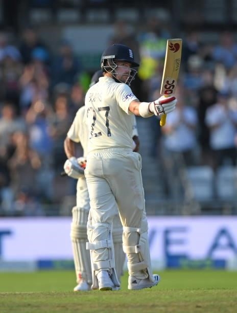 England batsman Rory Burns reaches his 50 during day one of the Third Test Match between England and India at Emerald Headingley Stadium on August...