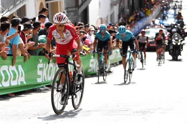 Rémy Rochas of France and Team Cofidis passing through Valdepeñas de Jaén Village while fans cheer during the 76th Tour of Spain 2021, Stage 11 a...