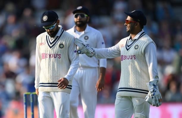 India captain Virat Kohli and wicketkeeper Rishabh Pant react during day one of the Third Test Match between England and India at Emerald Headingley...