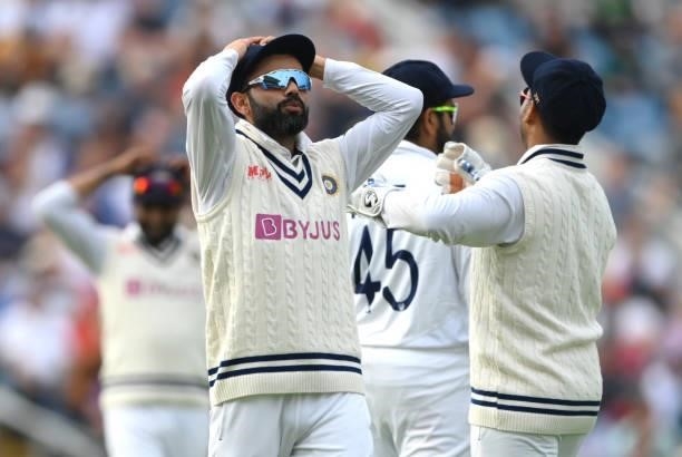 India captain Virat Kohli and his slips react after a near miss during day one of the Third Test Match between England and India at Emerald...