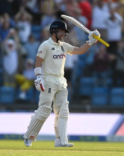 Rory Burns of England celebrates reaching his half century during day one of the Third LV= Insurance Test Match between England and India at Emerald...