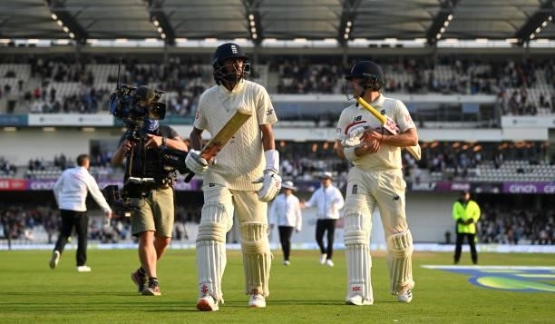 Haseeb Hameed and Rory Burns of England leave the field at stumps day one of the Third LV= Insurance Test Match between England and India at Emerald...
