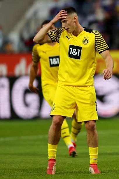 Tobias Raschl of Dortmund reacts after missing a penalty during the 3. Liga match between VfL Osnabrück and Borussia Dortmund II at Stadion an der...
