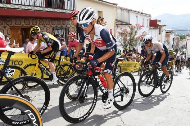 Kenny Elissonde of France and Team Trek - Segafredo passing through Valdepeñas de Jaén Village while fans cheer during the 76th Tour of Spain 2021,...