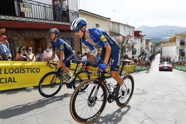 Andrea Bagioli of Italy and Team Deceuninck - Quick-Step passing through Valdepeñas de Jaén Village while fans cheer during the 76th Tour of Spain...