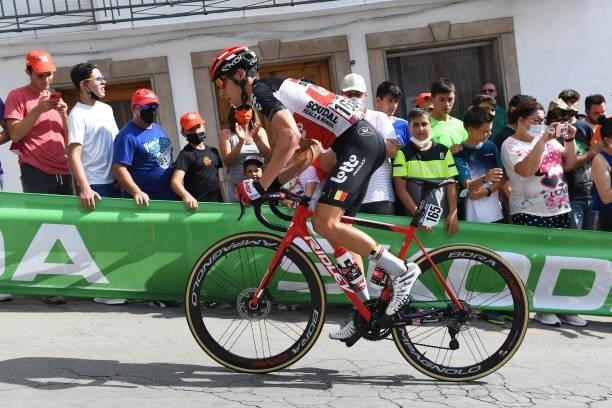Sylvain Moniquet of Belgium and Team Lotto Soudal passing through Valdepeñas de Jaén Village while fans cheer during the 76th Tour of Spain 2021,...