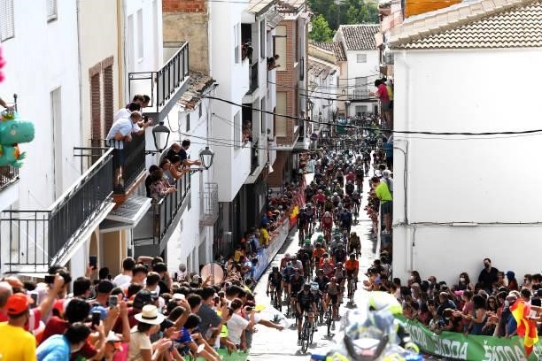 General view of the Peloton passing through Valdepeñas de Jaén Village while fans cheer during the 76th Tour of Spain 2021, Stage 11 a 133,6km stage...
